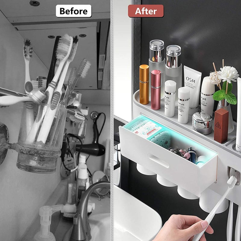 TGOPIT Toothbrush Holder Wall Mounted, Automatic Toothpaste Dispenser Squeezer Kit with Holders for Bathroom-Shelf Magnetic Cups Toothpaste Holder Drawer Organizer Space Saver Easy to Clean (4 - Cup) - Image 4