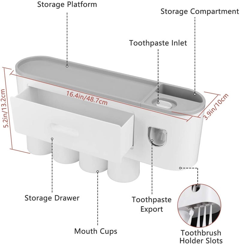 TGOPIT Toothbrush Holder Wall Mounted, Automatic Toothpaste Dispenser Squeezer Kit with Holders for Bathroom-Shelf Magnetic Cups Toothpaste Holder Drawer Organizer Space Saver Easy to Clean (4 - Cup) - Image 3