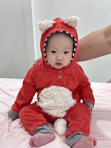 Noubeau Newborn Baby Girl Boy Halloween Cosplay Cartoon Clothes Fox Coat Fur Bodysuit Jumpsuit Hooded Playsuit Romper (Orange, 0-3 Months) - Image 3