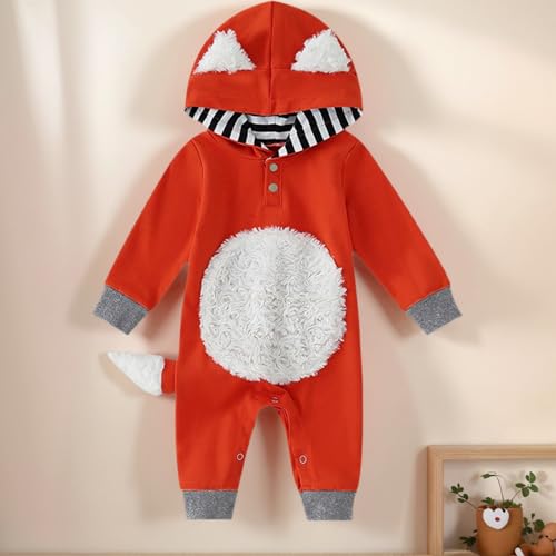 Noubeau Newborn Baby Girl Boy Halloween Cosplay Cartoon Clothes Fox Coat Fur Bodysuit Jumpsuit Hooded Playsuit Romper (Orange, 0-3 Months) - Image 4