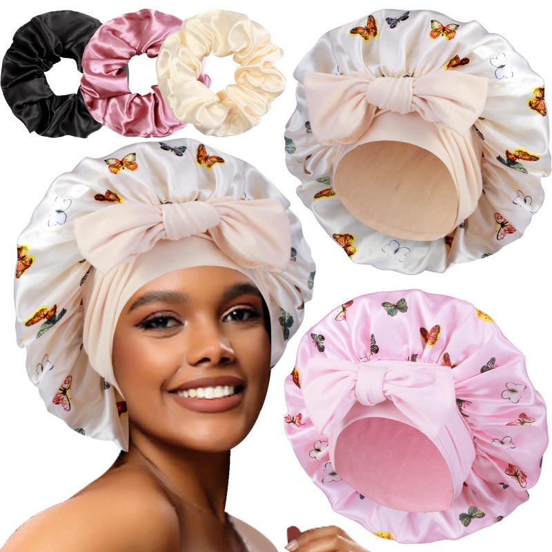 Heniho 2+3 Large Satin Bonnets with Scrunchies for Women, Hair Bonnet Sleeping Tie Bonnet for Braids Curly Hair, H - Image 1