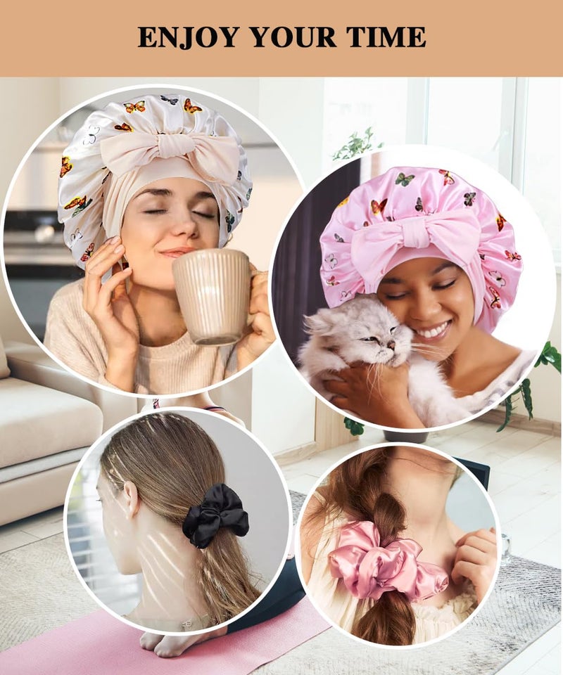 Heniho 2+3 Large Satin Bonnets with Scrunchies for Women, Hair Bonnet Sleeping Tie Bonnet for Braids Curly Hair, H - Image 5
