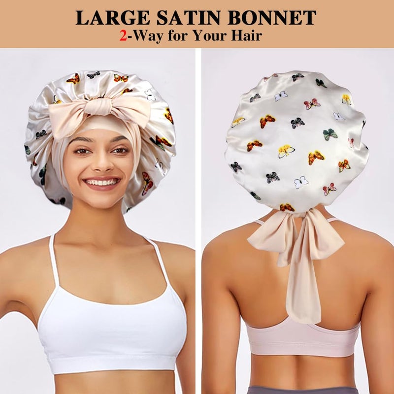 Heniho 2+3 Large Satin Bonnets with Scrunchies for Women, Hair Bonnet Sleeping Tie Bonnet for Braids Curly Hair, H - Image 3