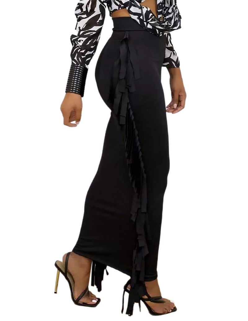 Lrady Women Fringe High Waist Bodycon Side Tassels Pencil Maxi Skirt Casual Party Club Long Skirts Black L - Image 2