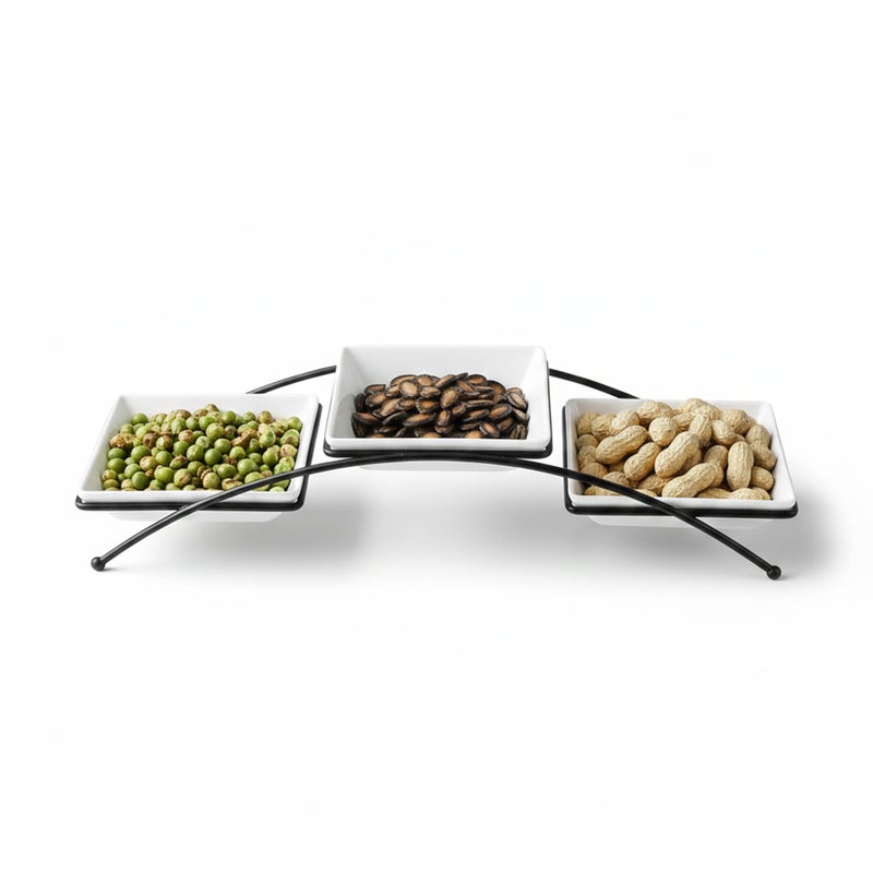 Shallow Serving Bowl Set  3PCS Square 14cm Porcelain & New Bone China Bowls with Metal Stand for Dates, Sweets, Eid & Family Gatherings - Image 2