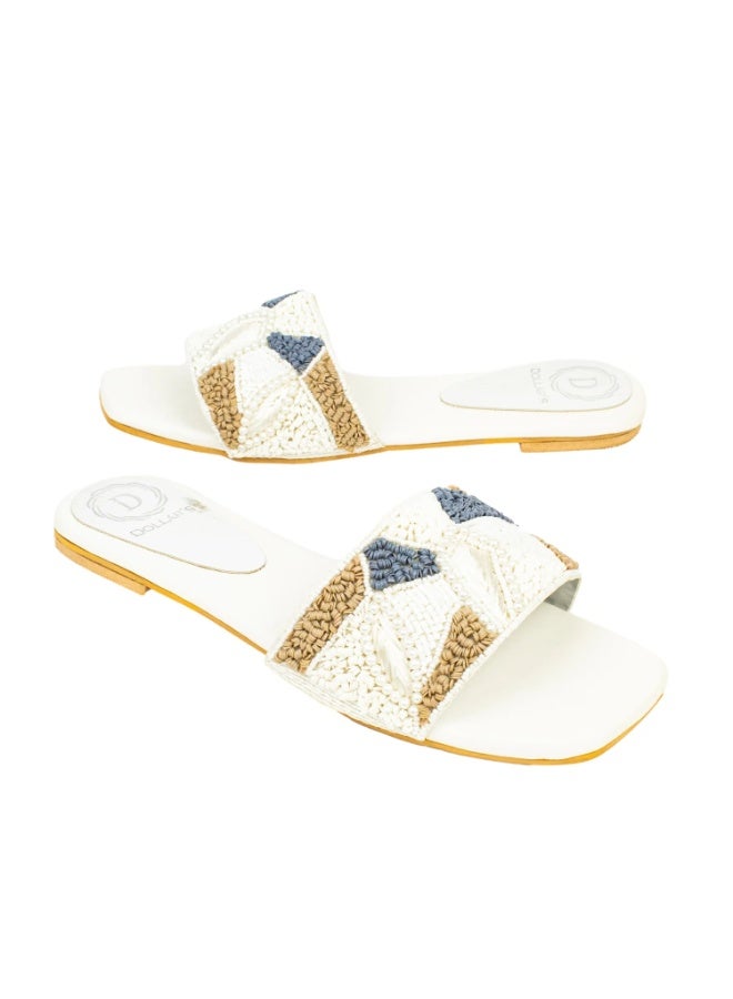 Dollar's Fashion S212F - Women Sandals | Handcrafted Flat Slippers | Comfortable Daily Wear Flats | Casual Slippers (White) - Image 1