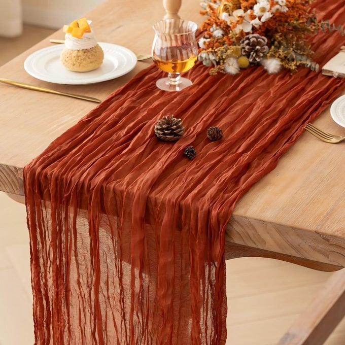 TERRACOTTA CHEESECLOTH THANKSGIVING TABLE RUNNER 35X120 INCHES ORANGE RED RUST BOHO GAUZE CHRISTMAS TABLE RUNNERS BURNT FOR WEDDING DECOR RECEPTION BRIDAL SHOWER CENTERPIECE