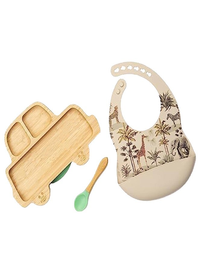 StarKiddo®️ Rider Bamboo Suction Plates for Baby and Toddler with Adjustable Printed Bib and Weaning Spoon| BPA Free Non-Toxic | Baby-Led Weaning Supplies for Toddler Self-Feeding(Combo-Beige) - Image 1