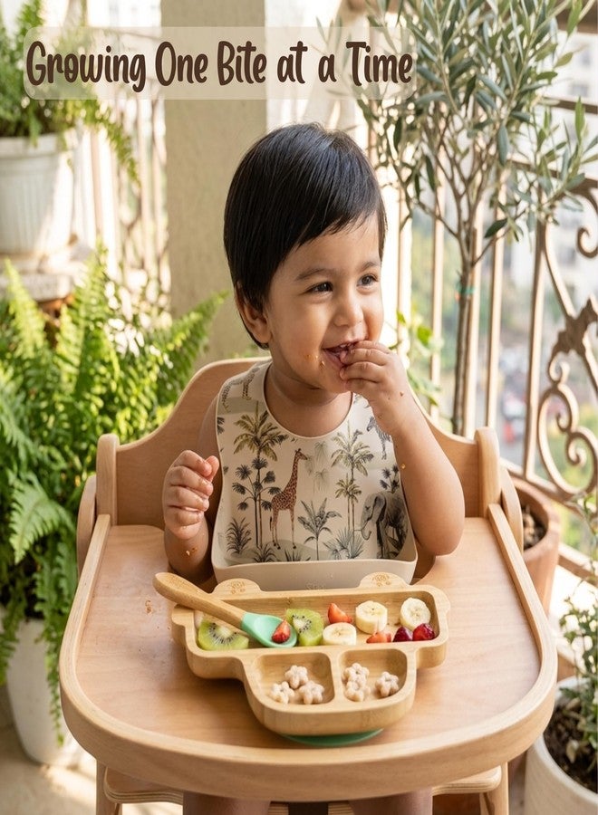 StarKiddo®️ Rider Bamboo Suction Plates for Baby and Toddler with Adjustable Printed Bib and Weaning Spoon| BPA Free Non-Toxic | Baby-Led Weaning Supplies for Toddler Self-Feeding(Combo-Beige) - Image 2