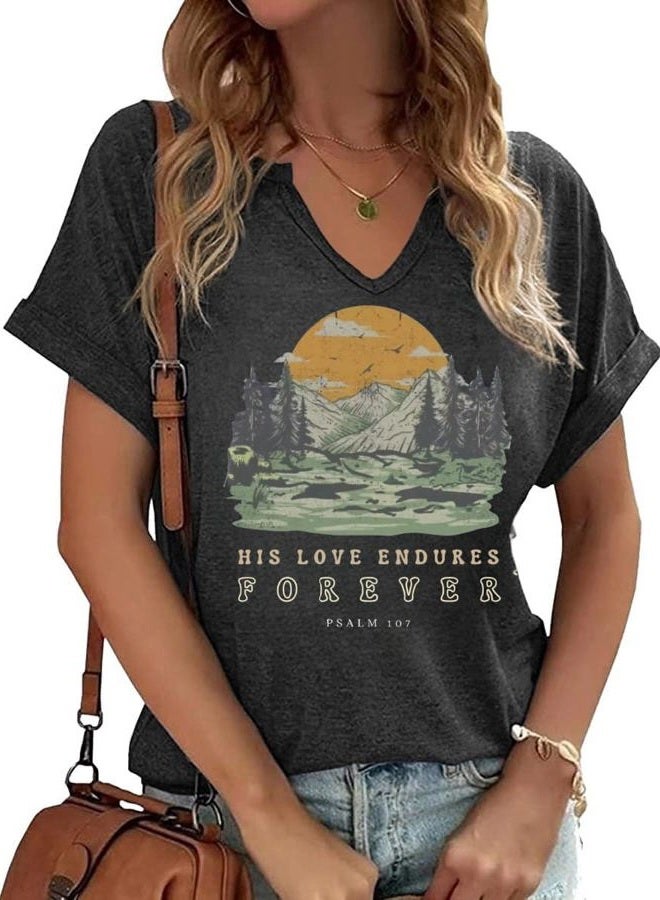 FXSPLCZ Women V Neck Christian Shirts Vintage Bible Verse Boho Floral Graphic Tees Christian Gifts for Her, Dark Grey2, L - Image 1