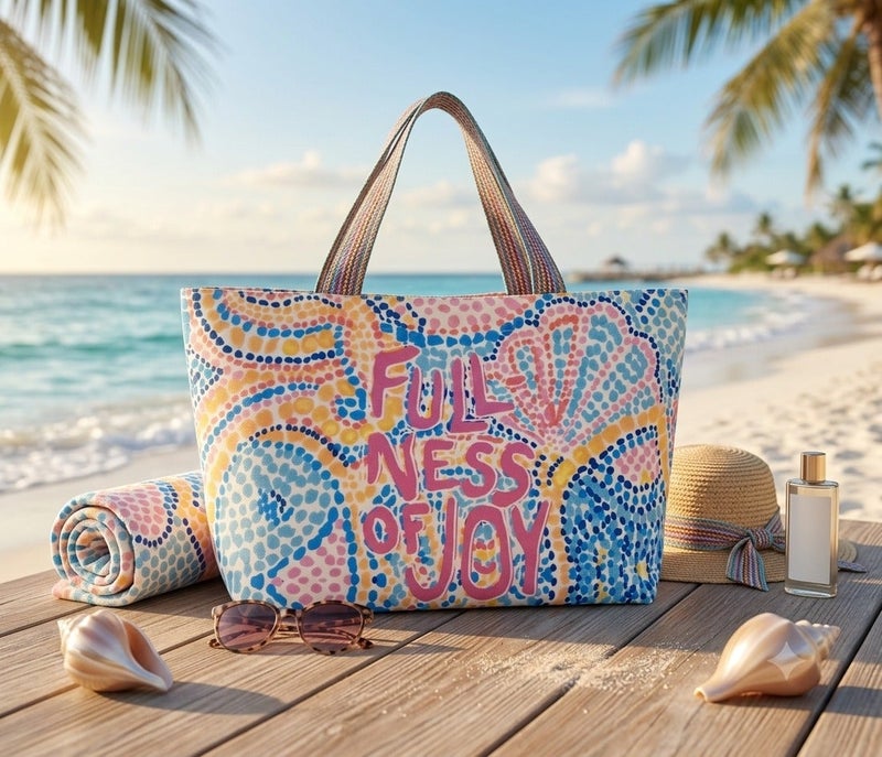 FULLNESS OF JOY Large Beach Tote Bag – Multicolor Polka Dot Design – 60 × 30 cm - Image 2