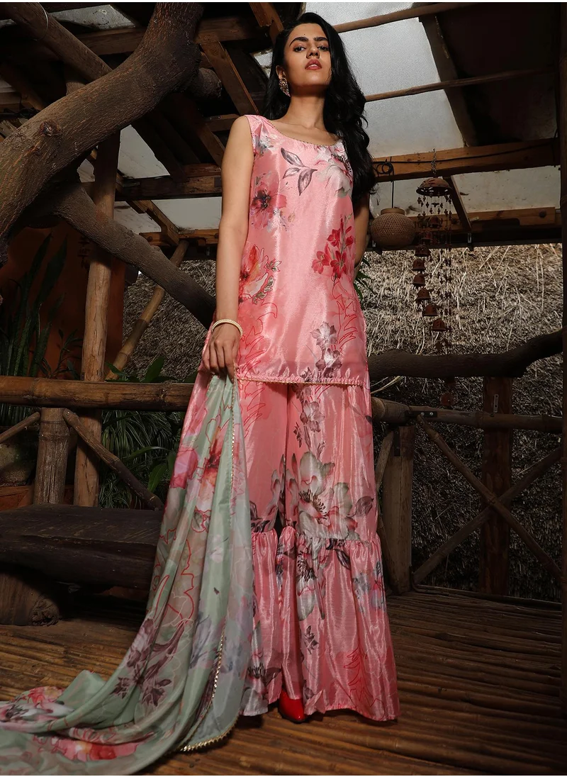  قصة Women's Blush Pink Botanical Kurti And Sharara Set