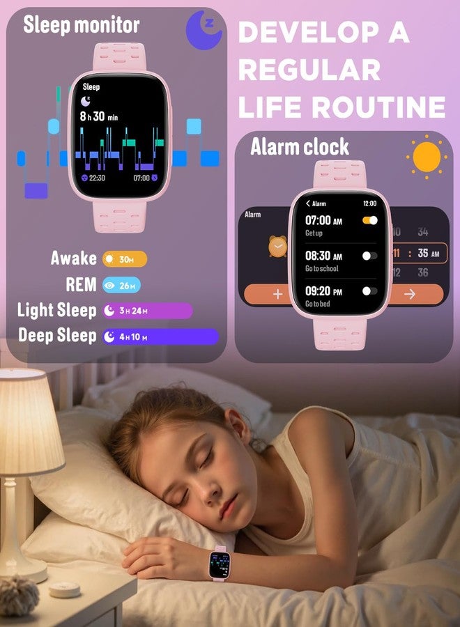 بيجرفايف ساعة BIGGERFIVE الذكية للبنات من 5 إلى 16 سنة، سوار رياضي 1.8 بوصة مزود بعداد خطوات، ومقياس معدل ضربات القلب، ومقاومة للماء حتى عمق 30 مترًا، وجهاز مراقبة النوم، وساعة منبه، وألعاب ألغاز مع/بدون تطبيق، لون وردي - Image 4