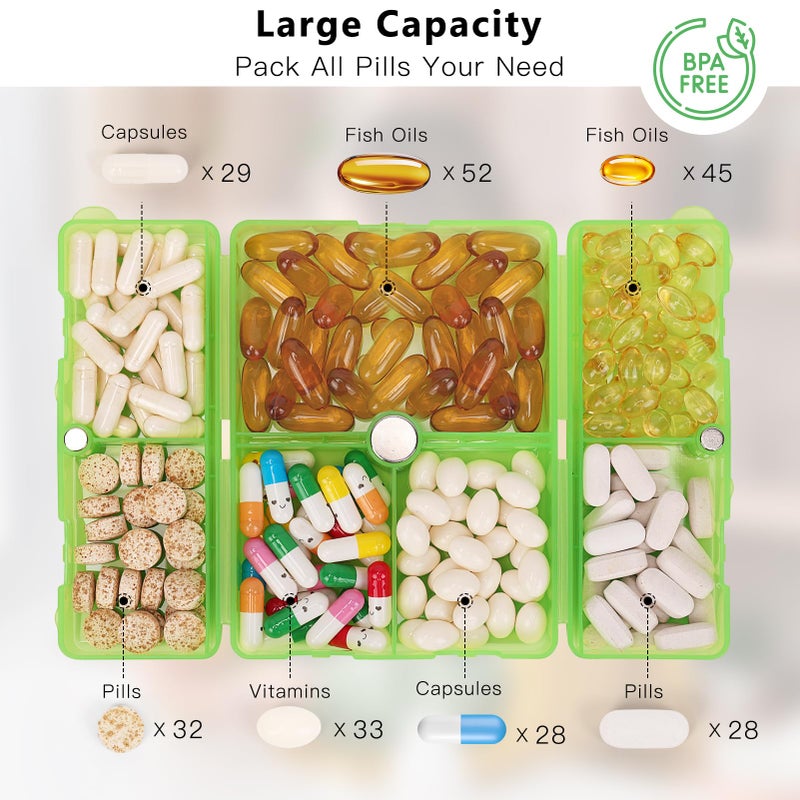 FYY Daily Pill Organizer,7 Compartments Portable Pill Case Travel Pill Organizer,[Folding Design] Large Pill Box for Purse Pocket to Hold Vitamins,Cod Liver Oil,Supplements and Medication-Clear Green - Image 2