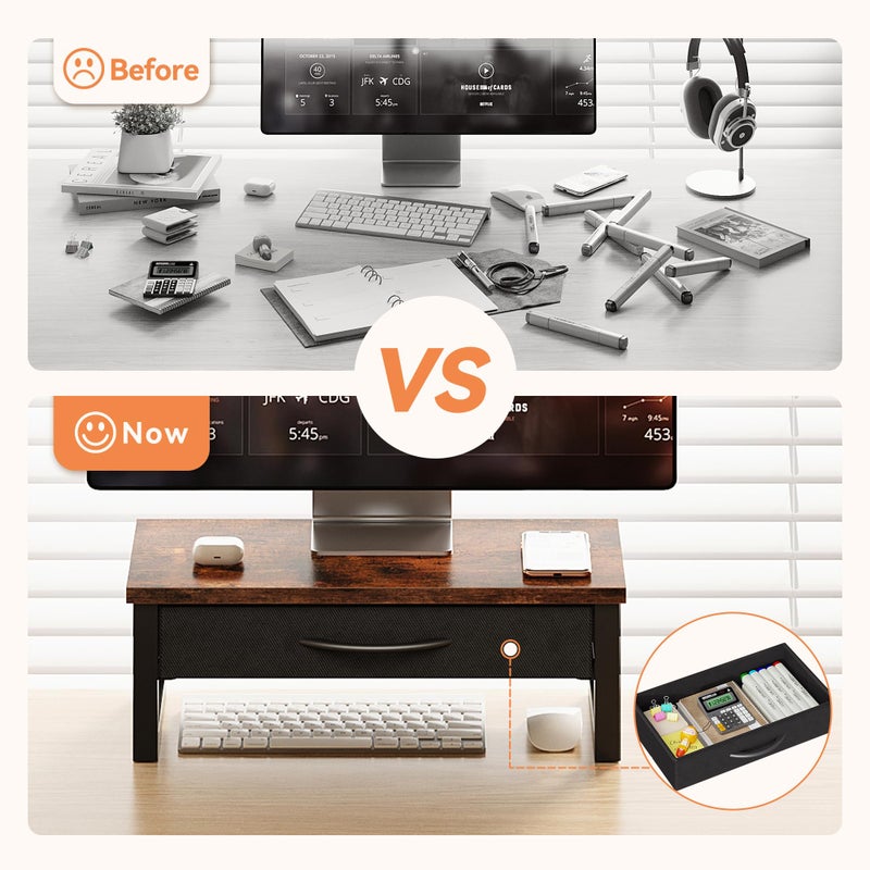HEWORLIF Computer Monitor Stand Riser with Drawer, 2-Tier Desk Accessories & Workspace Organizers, Laptop Stand for Desk with Storage, Office Organization, Wood - Image 3
