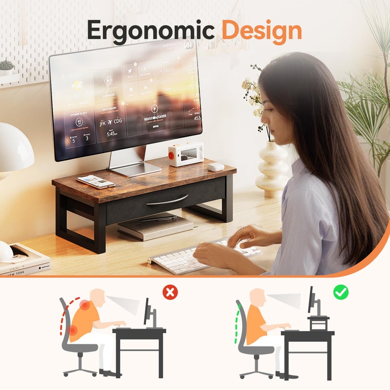 HEWORLIF Computer Monitor Stand Riser with Drawer, 2-Tier Desk Accessories & Workspace Organizers, Laptop Stand for Desk with Storage, Office Organization, Wood - Image 2
