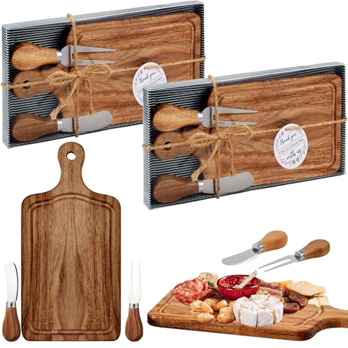 Ziliny 2 Set Bridal Baby Shower Cheese Prizes Wooden Square Board Gift Set Knives Forks Thank You Tags with Box for Guests for Valentines Bridal Baby Shower Housewarming Gifts Acacia Color - Image 1