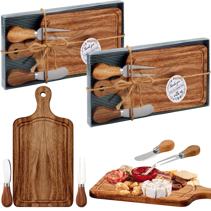 Ziliny 2 Set Bridal Baby Shower Cheese Prizes Wooden Square Board Gift Set Knives Forks Thank You Tags with Box for Guests for Valentines Bridal Baby Shower Housewarming Gifts Acacia Color - Image 2