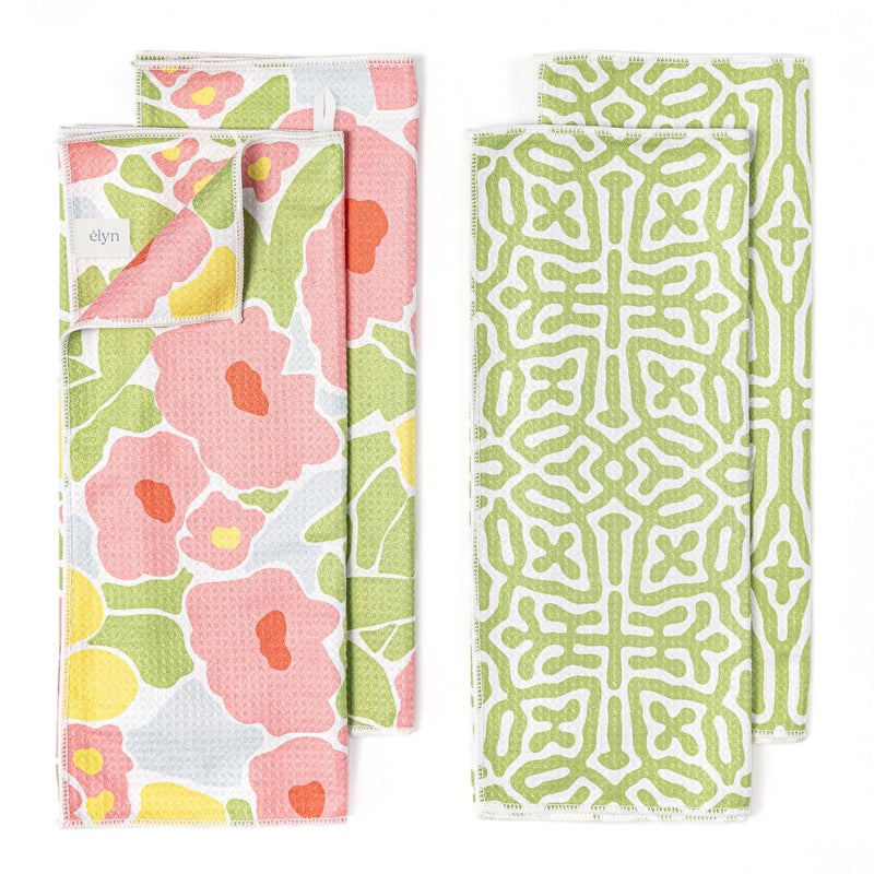 ELYN Microfiber Kitchen Dish Towel Set, Quick-Dry & Absorbent Waffle Weave Cleaning Towels, Set of 4 Kitchen Towels, Paper Towels Alternative (Bold Floral & Geo) - Image 1