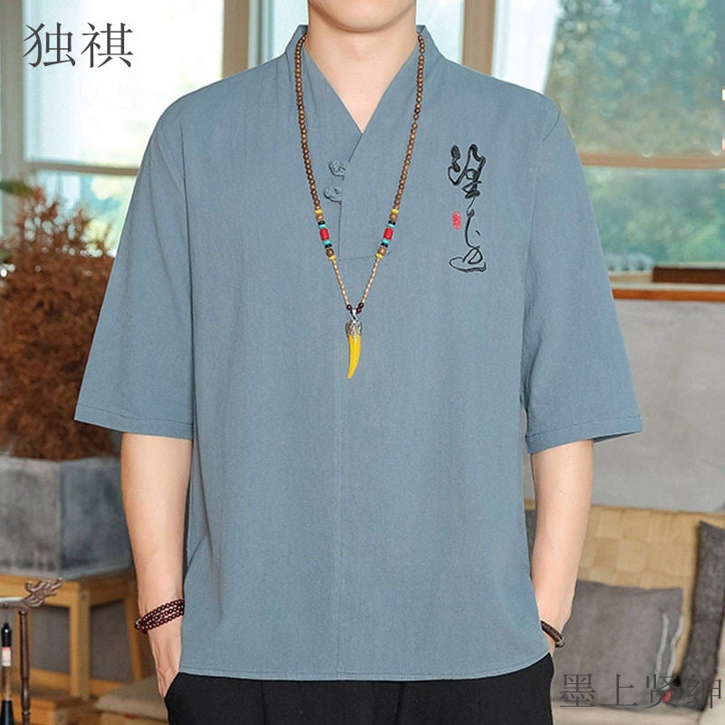 Cotton Linen T-Shirt Men'S Chinese Style Seven-Point Sleeve Men'S Buckle Five-Point Sleeve Top Plus Size V-Neck Thin Summer Loose - Image 2