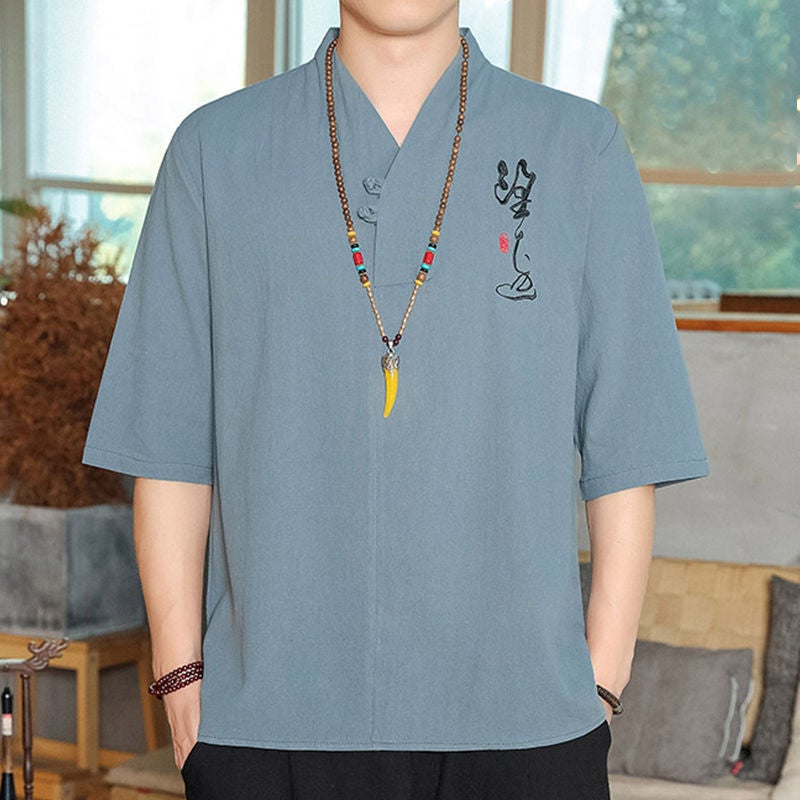 Cotton Linen T-Shirt Men'S Chinese Style Seven-Point Sleeve Men'S Buckle Five-Point Sleeve Top Plus Size V-Neck Thin Summer Loose - Image 1