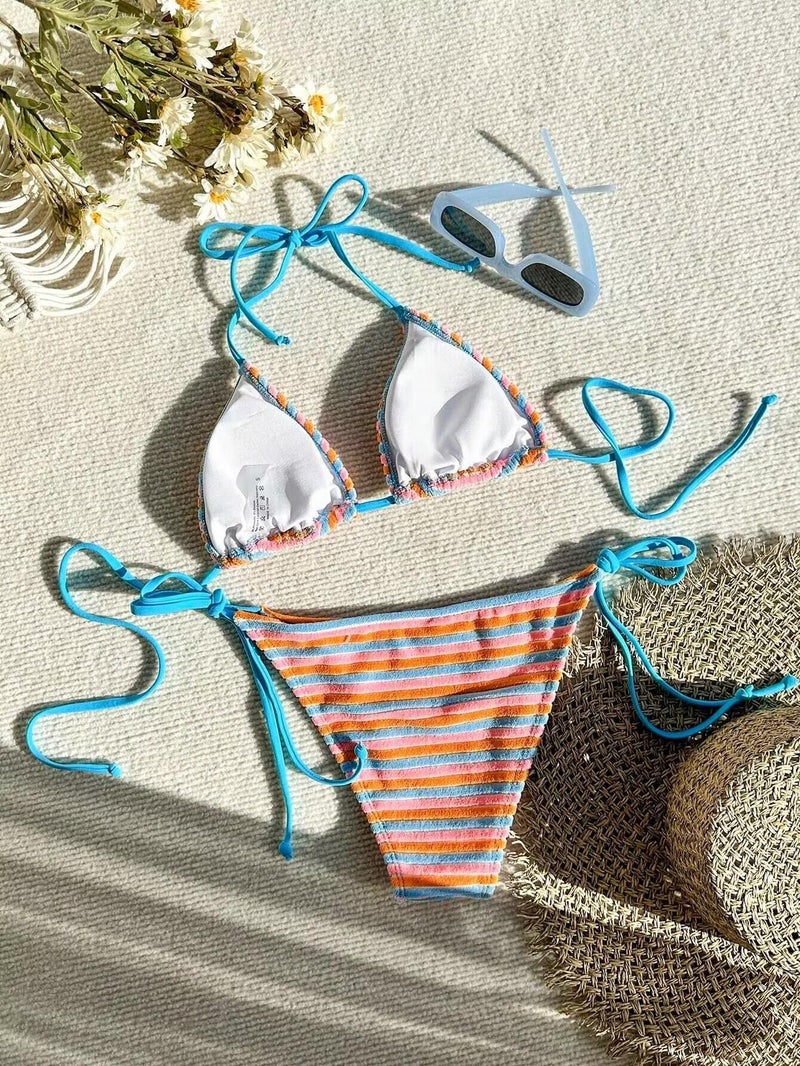 Falainetee Women's Striped Knot Bathing Suit High Waisted Halter Triangle Swimsuit Bikini Set Blue S - Image 2