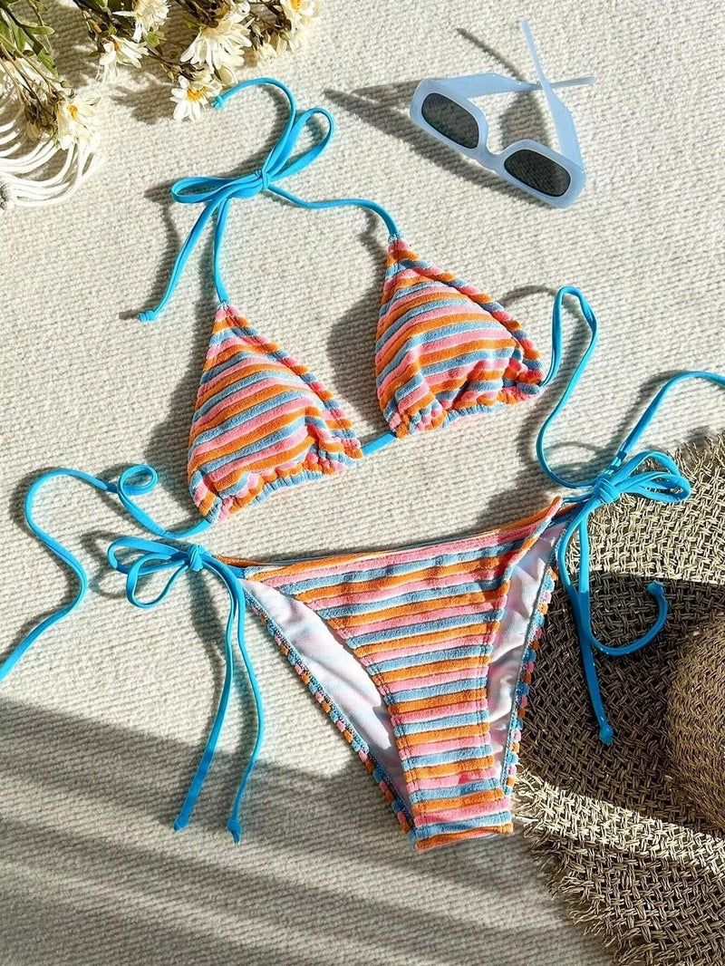 Falainetee Women's Striped Knot Bathing Suit High Waisted Halter Triangle Swimsuit Bikini Set Blue S - Image 3