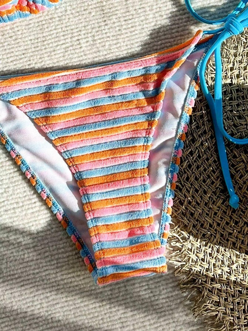 Falainetee Women's Striped Knot Bathing Suit High Waisted Halter Triangle Swimsuit Bikini Set Blue S - Image 5