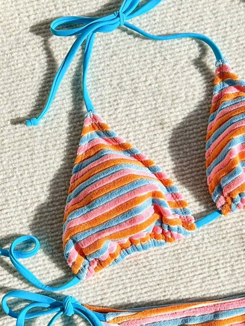 Falainetee Women's Striped Knot Bathing Suit High Waisted Halter Triangle Swimsuit Bikini Set Blue S - Image 4