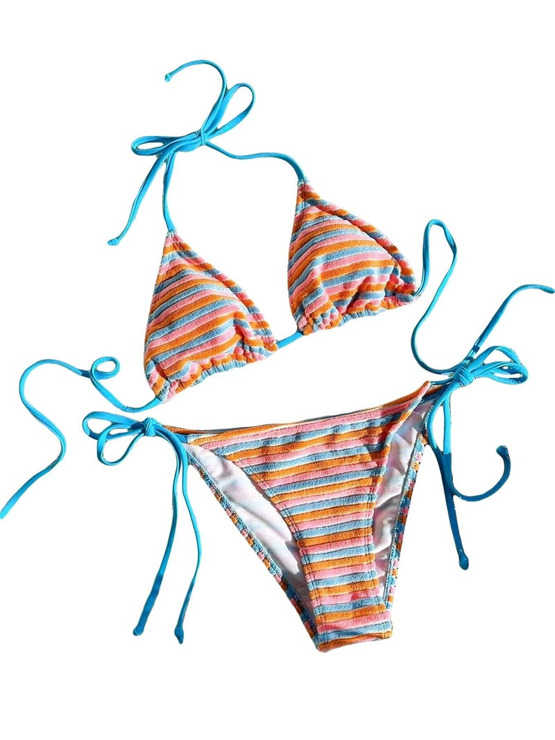 Falainetee Women's Striped Knot Bathing Suit High Waisted Halter Triangle Swimsuit Bikini Set Blue S - Image 1