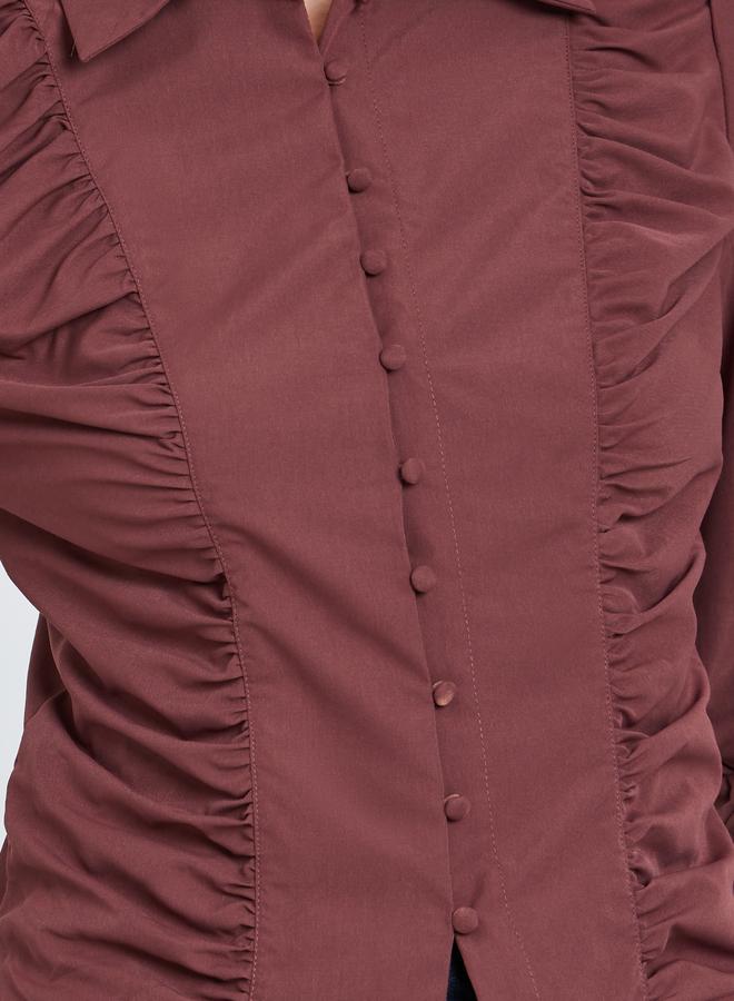 Styli Brown Ruched Front Long Sleeve Shirt - Image 3