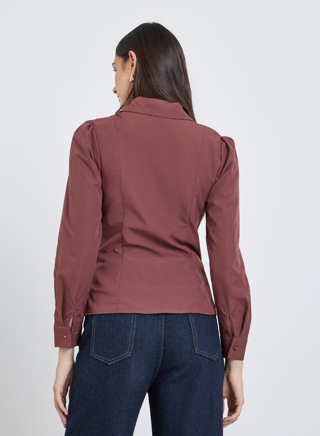 Styli Brown Ruched Front Long Sleeve Shirt - Image 4