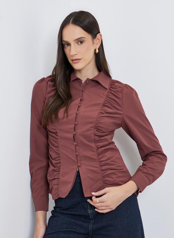 Styli Brown Ruched Front Long Sleeve Shirt - Image 1
