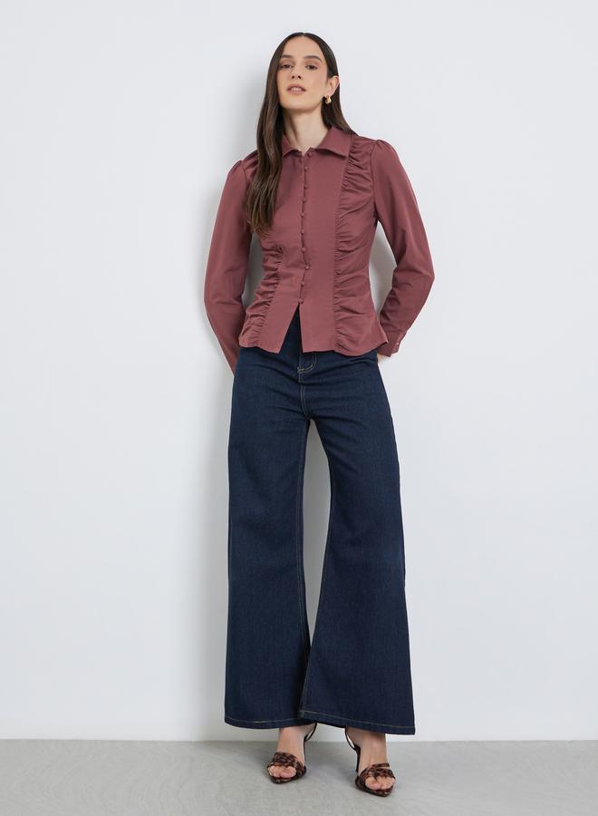 Styli Brown Ruched Front Long Sleeve Shirt - Image 2