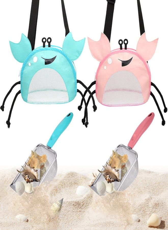 YOOLEETC 4PCS Beach Toy Mesh Shovel and Mesh Beach Bag Seashell Bag,for Sand Filter & Collect Shells,Sand Sifter Shell Collecting Tools(Blue-Pink Crab) - Image 1