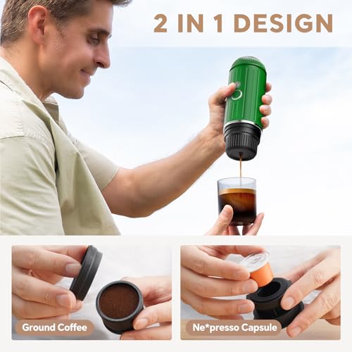 i Cafilas Fast self-heating Portable Electric Espresso Coffee Maker, 2 IN 1 Extraction Espresso Machine, Support Ground Coffee and NS capsule, for Travel,Car,camping,Climbing（Green） Rich Crema - Image 3