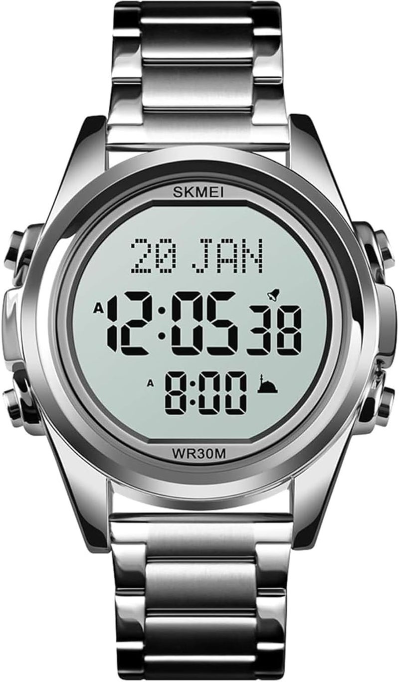 Foloose Digital Watch for Prayer Qibla Compass Hijri Calendar Bookmark City Selection Function Date Week Alarm Backlight 3ATM Men Azan Watches Wristband Men's Gifts with Watch Box(Silver) - Image 1