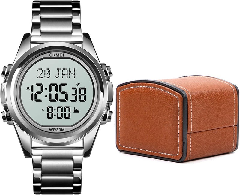Foloose Digital Watch for Prayer Qibla Compass Hijri Calendar Bookmark City Selection Function Date Week Alarm Backlight 3ATM Men Azan Watches Wristband Men's Gifts with Watch Box(Silver) - Image 2