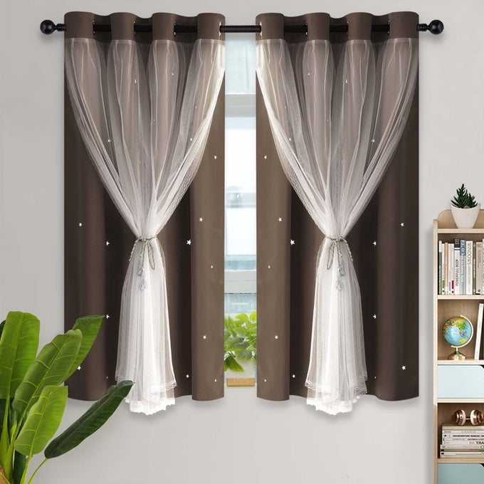 KIDS BLACKOUT CURTAINS FOR BEDROOMLIVING ROOMCLASSROOM SHEER OVERLAY SMALL 2 PANEL SET DOUBLE LAYER CURTAINS WITH STAR CUTOUT FOR KIDS ROOMW 52 X L 45 INCHESCHOCOLATE 2 PCS