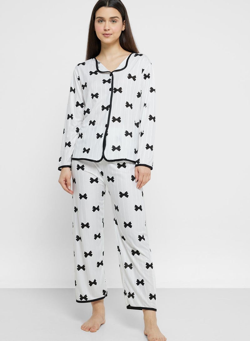 Ginger Bow Print Button Down Shirt & Pyjama Set - Image 1