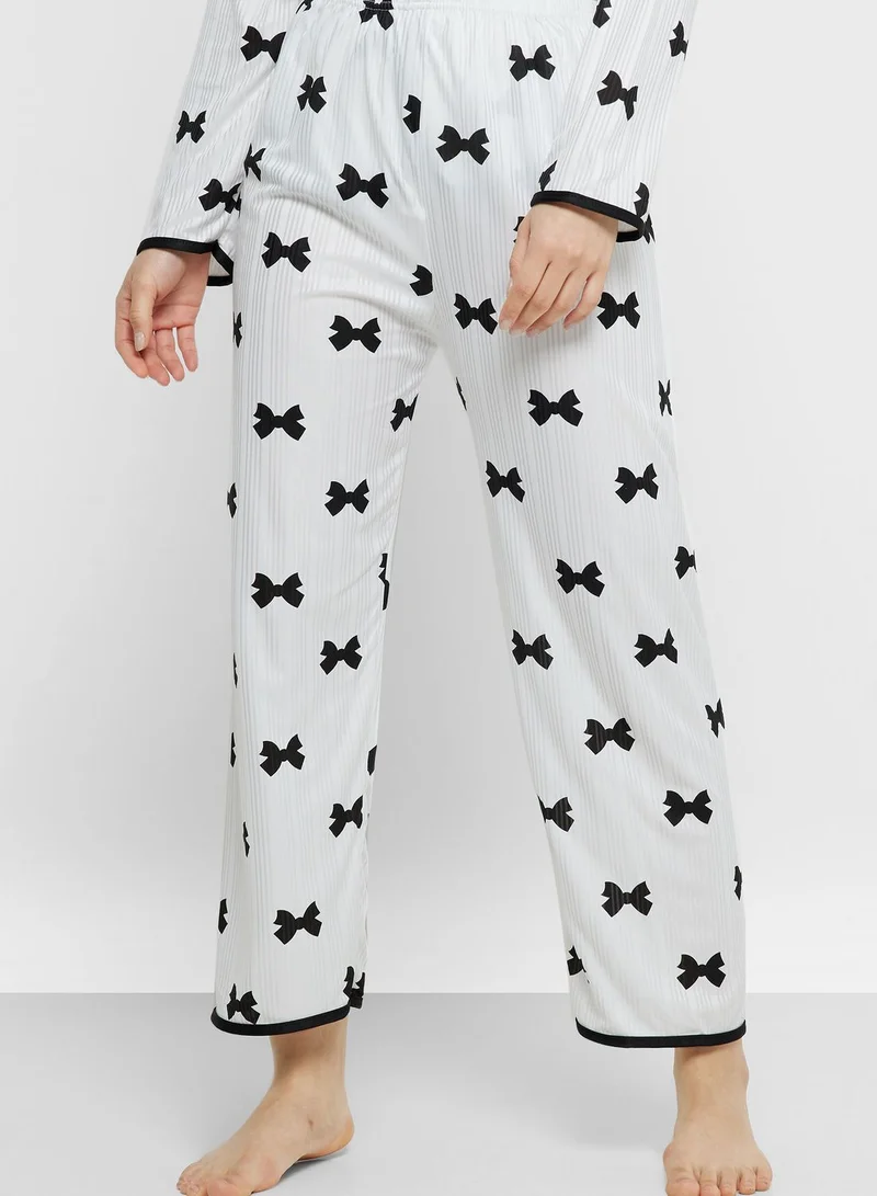 Ginger Bow Print Button Down Shirt & Pyjama Set