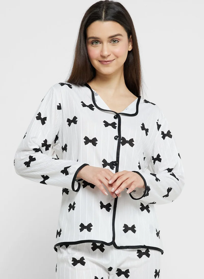 Ginger Bow Print Button Down Shirt & Pyjama Set
