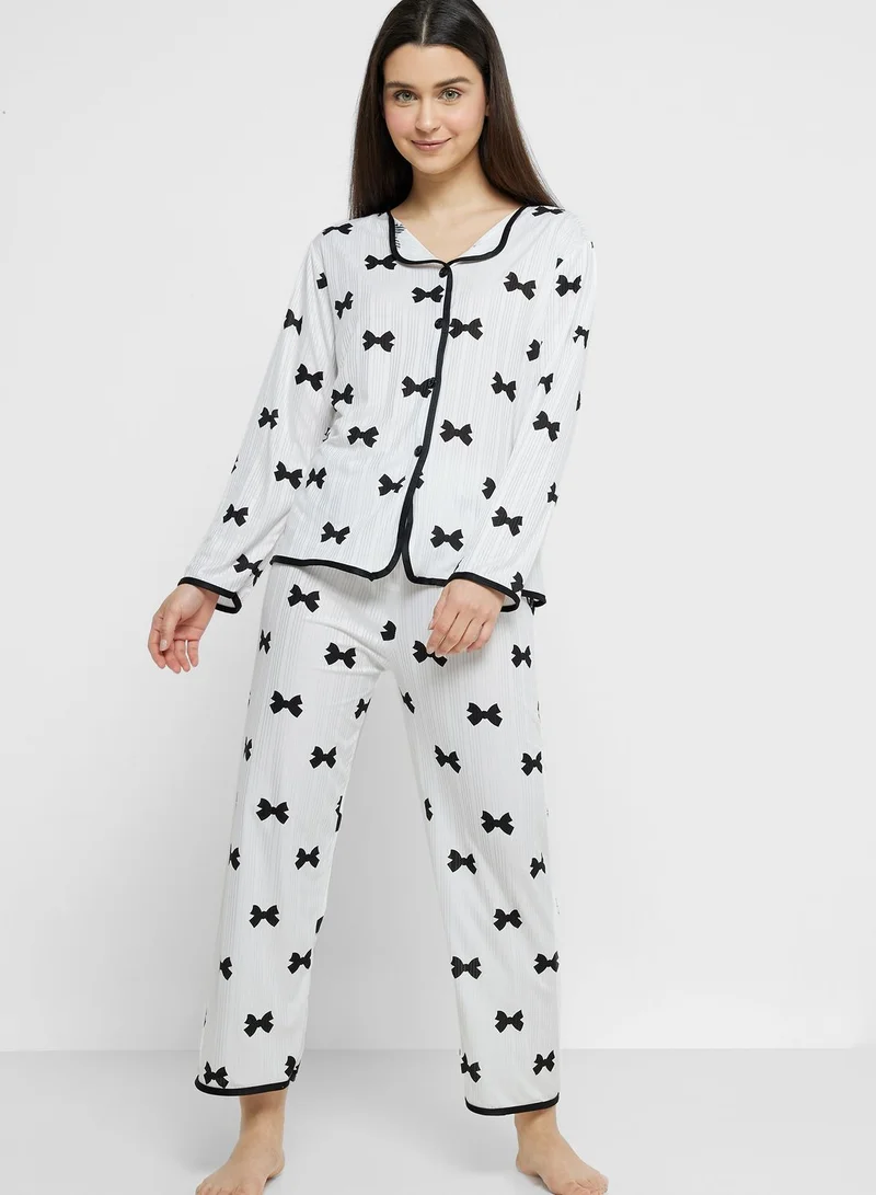 Ginger Bow Print Button Down Shirt & Pyjama Set