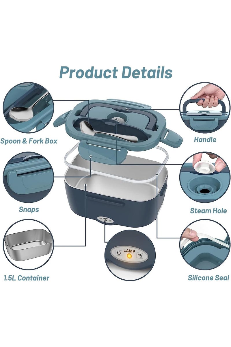 HOMESTAR صندوق غداء كهربائي سخان طعام، 2 في 1 صناديق غداء محمولة ساخنة للبالغين، المكتب، السيارة، الشاحنة، العمل، 1.5 لتر حاوية قابلة للإزالة من الفولاذ المقاوم للصدأ 304، مع شوكة وملعقة حقيبة حمل معزولة - Image 2