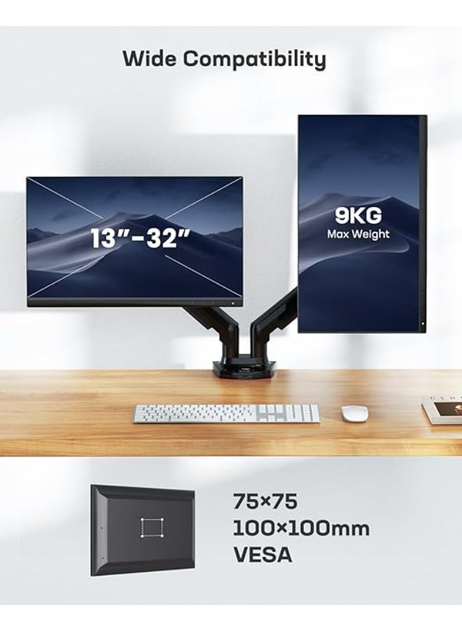 حامل شاشة كمبيوتر لشاشتين – ذراع قابل للتعديل بنظام زنبرك غازي للشاشات من 13 إلى 27 بوصة، مناسب للشاشات المنحنية والمسطحة - Image 2