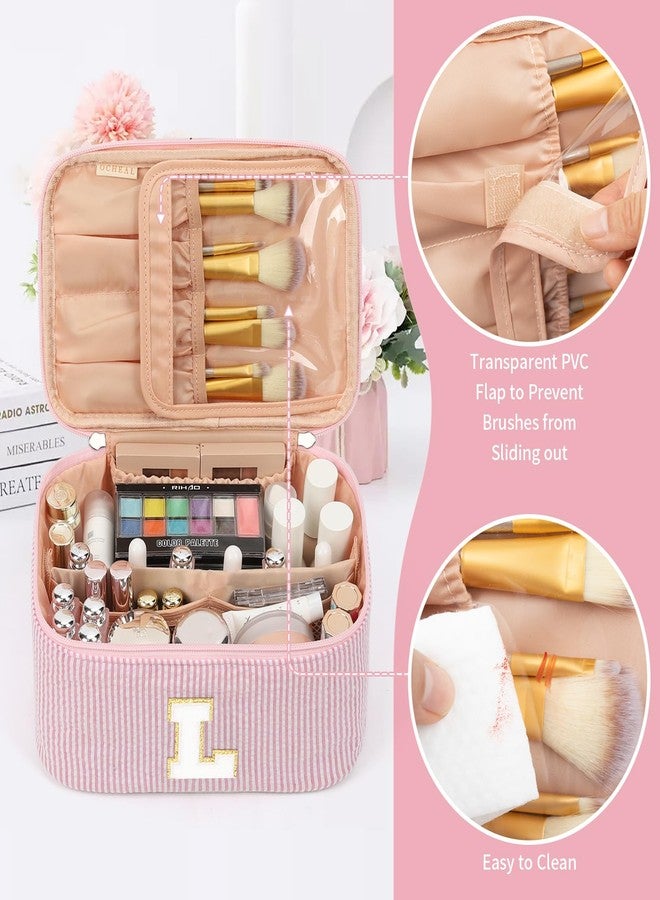 OCHEAL Makeup Bag for Women, Monogram Cosmetic Bag with Brush Holder, Pink Travel Makeup Case Beauty Toiletry Bag Organizer Personalized Gifts for Girls Bridesmaid, Sister, Wife, Friends Initial L - Image 2