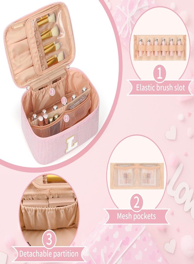 OCHEAL Makeup Bag for Women, Monogram Cosmetic Bag with Brush Holder, Pink Travel Makeup Case Beauty Toiletry Bag Organizer Personalized Gifts for Girls Bridesmaid, Sister, Wife, Friends Initial L - Image 3