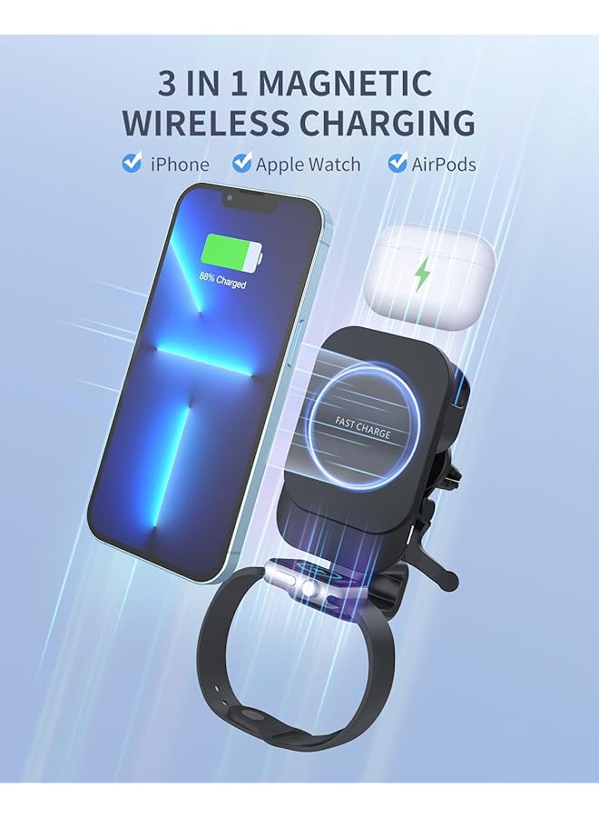 NALACAL 3 In 1 Wireless Magnetic Car Charger Mount, Compatible With Iphones, Samsung Phones, Apple Watch, Airpods, Fast Charging, 360 Rotation, Dashboard Or Air Vent Attachment - Image 3