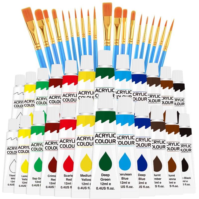 ESRICH Acrylic Paint Set 12 Colors (2 Pack) With 20 Paint Brushes, 24 Acrylic Paints for Adults, Beginner, Professional Artists, Non-Toxic Craft Paint kit for Paper, Canvas, Rock,Wood, Ceramic - Image 1
