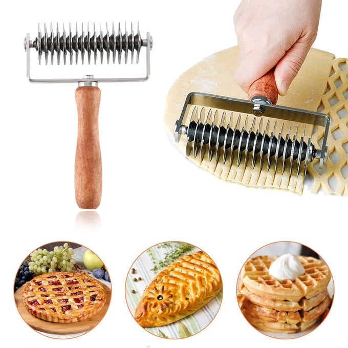 STAINLESS STEEL DOUGH LATTICE TOP COOKIE PIE PIZZA BREAD PASTRY CRUST ROLLER CUTTER HOLDER WOODEN HANDLE LATTICE DOUGH CUTTER FOR FISHNET CRUST
